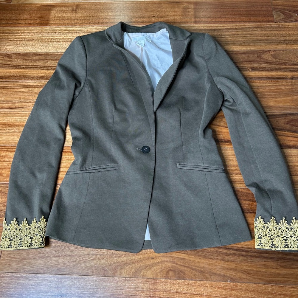 H&M Olive Green Blazer Gold Lace Cuff Business military layering